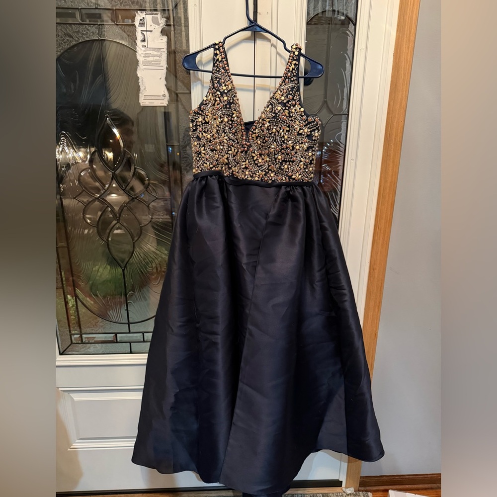 Mac Duggal Navy Ball Gown with Beaded Gold Bodice